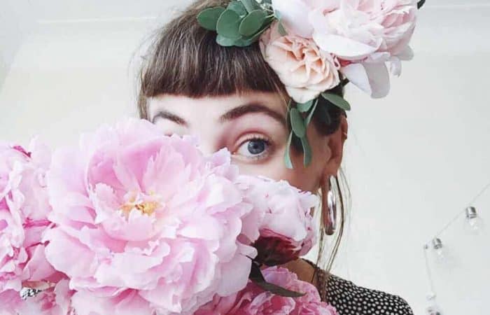 Wearing flower crown at hen party workshop in Brighton