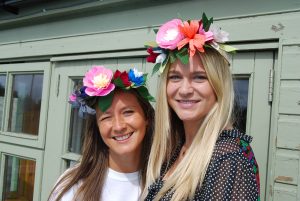 Hens wearing flower crowns